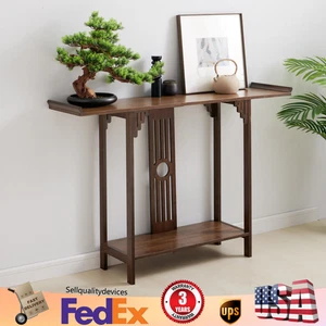 2-Layer Vintage Console Table Sofa Side Table Entryway Table Bamboo Shelf USA - Picture 1 of 11