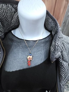 Vintage Cloisonné Floral Pendant Necklace – 10K Gold Chain – Coral, Jade & Lapis - Picture 1 of 15