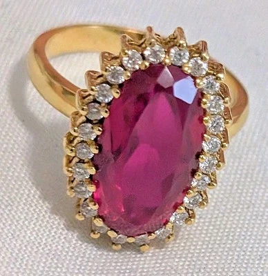 Anillo de compromiso con halo de piedras preciosas rosadas y moissanita para mujer de oro amarillo macizo de 14 k  Foto 1 de 4