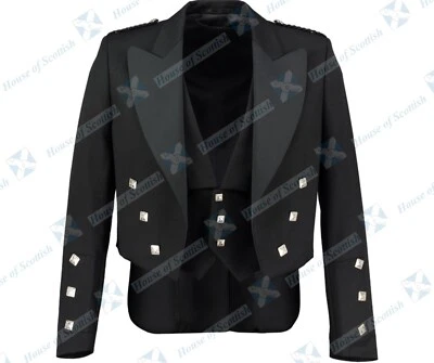 HOUSE OF SCOTTISH SCOTTISH PRINCE CHARLIE JACKET WITH 3-BUTTON WAISTCOAT MEN'S WEDDING KILT JACKET