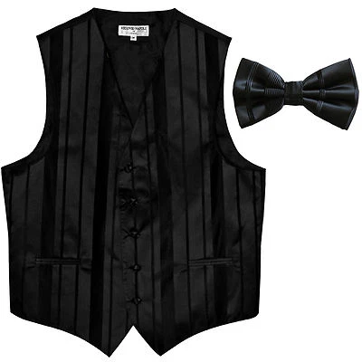 New formal men's tuxedo vest waistcoat & bowtie vertical stripes Black wedding - Image 1 of 4