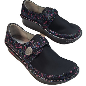 Alegria Shoe Women's 38 8 8.5 DEN Clogs Black Floral Leather Neoprene Adjustable