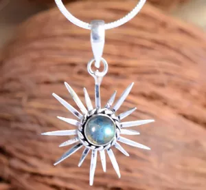 Round Labradorite Gemstone 925 Sterling Silver Sun Pendant Necklace-E52 - Picture 1 of 7