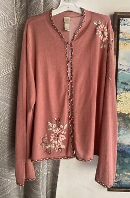 Suéter Cárdigan Jill Mujer Talla XL Bordado Floral Rosa Botón Foto 1 de 4