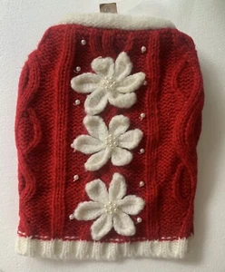 Dog Couture Red Cable Knit Sweater Coat Flowers & Pearls Pret A Paw NEW Size M - Picture 1 of 5