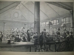 Alter 1874 Central Telegraph Office Instrument Gallery London Holzstich DRUCK - Bild 1 von 3