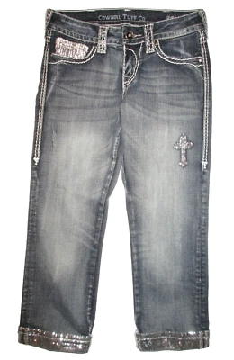 Pantalones de mezclilla capri de tiro bajo brillantes con cruces de toba para mujer 26 Foto 1 de 4