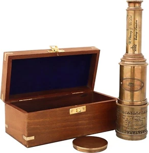 Brass Telescope Nautical Antique Spyglass Vintage Marine Monocular Pirate w/ box - Picture 1 of 9