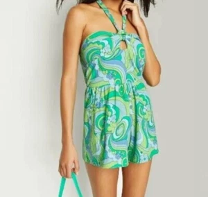 Wild Fable Women Blue Swirl Halter Cover Up Terry Romper Jumpsuit XXL - Picture 1 of 2