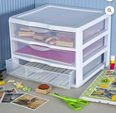 *HUGE* Lot Of 10 White Sterlite Wide 3 Drawer Organizers For Craft Room & More - Image 1 of 4