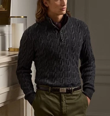 $1695 Ralph Lauren Purple Label Men Cable-Knit Cashmere Mockneck Sweater Grey M - Image 1 of 4