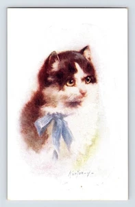 Vintage Cat Portrait Postcard with Blue Bow, Early 20th Century - Picture 1 of 2