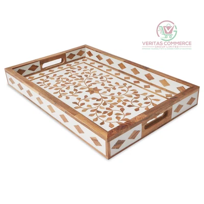 Decorative Tray Home Decor Vintage Mango Wood & White Floral Design Brown - Image 1 of 4