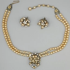 Vintage Robert signierte Kunstperlen Kristall Rose Montee Clip Ohrringe Halskette - Bild 1 von 12