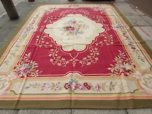 Old Hand Made French Design Wool Red Green Large Original Aubusson 362X278cm - Picture 1 of 12