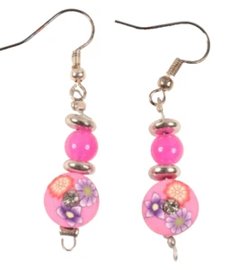 Pink Handmade Dangle Earrings Clay and Glass Beads 1 Inch Long - Picture 1 of 3