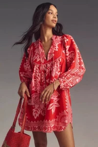 Farm Rio Linen Dress Flora Tapestry Anthropologie Long-Sleeve Pink Tropics S NEW - Picture 1 of 4