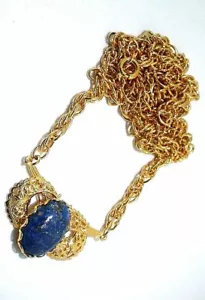 18x13 Oval Afghanistan Lapis Cabochon Cab Gold Color Goldplated Pendant Chain - Picture 1 of 2