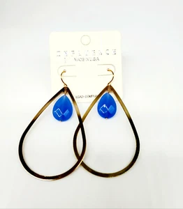 Teardrop Gold Tone Womens Fashion Hoop Earrings w Large Blue Bead Jewelry NWT - Picture 1 of 5