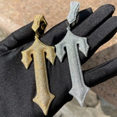 3AAA+ CZ Ice Out Hop Hip Cross Sword Pendant Chain 24k Real Gold Plated - Image 1 of 4