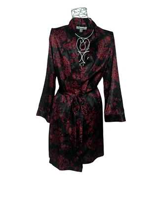 Nice Morgan Taylor Intimates Black Red Floral Self Tie Poly Satin Robe Women Siz - Изображение 1 из 4