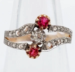 Anillo victoriano oro rosa 18k diamante talla antigua y piedra roja (circa1880 - Imagen 1 de 9