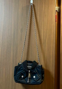 Moschino Biker Jacket Chain Shoulder Bag Purse in Black USED Mint Condition JPN - Picture 1 of 4