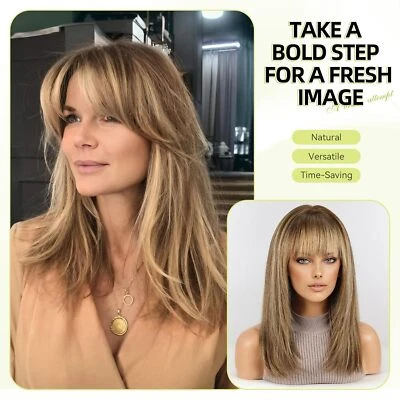 Peruca de cabelo humano 16 polegadas cinza reta marrom com mistura loira com franjas para mulheres  - Imagem 1 de 4