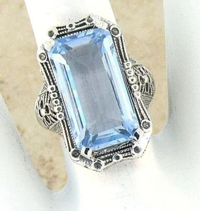 ART DECO DESIGN ANTIQUE STYLE 925 STERLING SILVER 8 CARAT AQUA BLUE RING    #324 - Picture 1 of 3