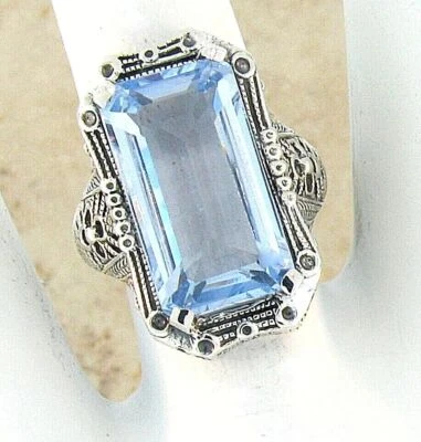ANEL AZUL ÁGUA 8 QUILATES DESIGN ART DÉCO ESTILO ANTIGO PRATA ESTERLINA 925 #324 - Imagem 1 de 3