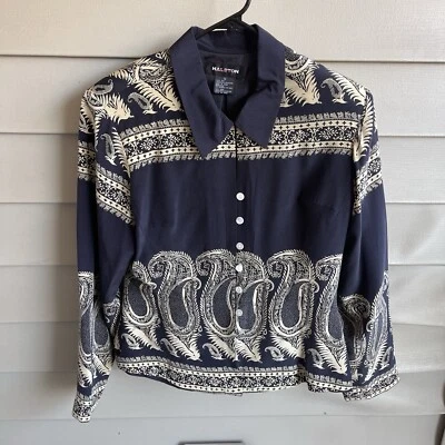 Vintage Halston Silk Blouse Women’s Sz 12 Button Front Peasant Timeless Chic - Image 1 of 4
