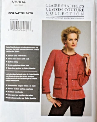 Chaqueta cárdigan OOP Vogue V8804 CLAIRE SHAEFFERS personalizada de alta costura patrón 8804 difícil de encontrar Foto 1 de 4