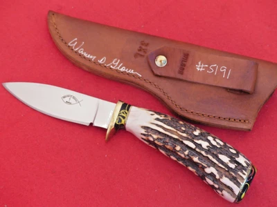 Warren Glover mint Custom handmade 4" blade Stag Fixed Blade sheath Knife - Image 1 of 4