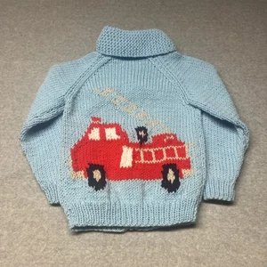 Vintage Cowichan Sweater Youth Boy Size 3T/4T Hand Knit Firetruck 60s Baby Blue - Picture 1 of 15