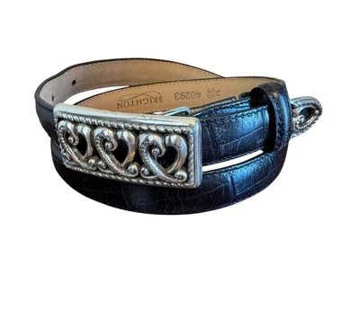 Cinturón Vintage Brighton Triple Corazones Metal Plateado y Cuero Negro 40293 M 30 Foto 1 de 4