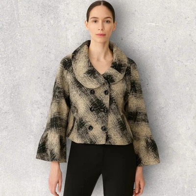 Chaqueta Samuel Dong Mujer’s L Beige Negro Estampado Abstracto Doble Pecho Foto 1 de 4