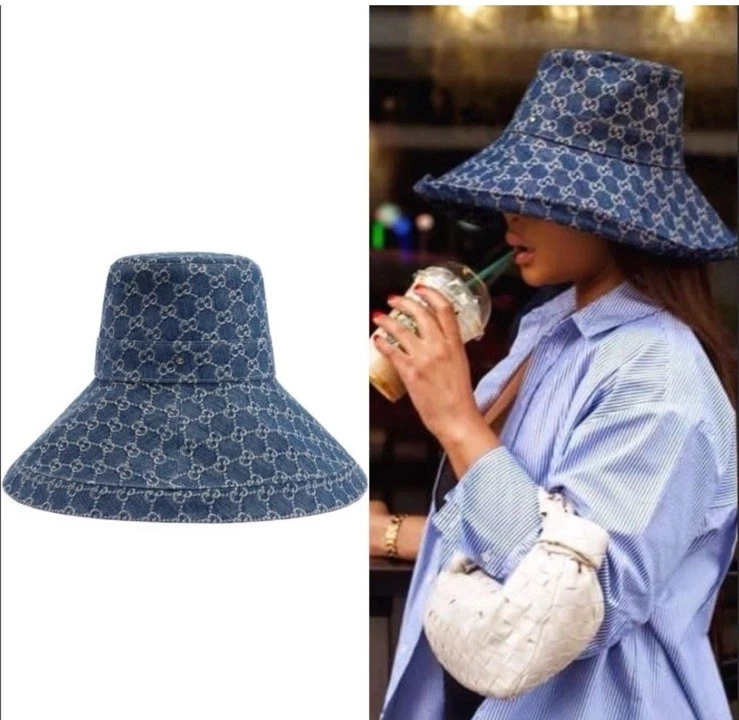 Gucci GG Denim Wide Brim Hat / Bucket Sun Hat Blue/Ivory, Size Medium - Image 1 of 4