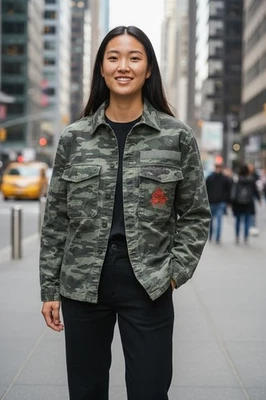 Разделенный H & M NYC зеленый камуфляж куртка оранжевый надпись Нью-Йорк тема Sz M - Изображение 1 из 4