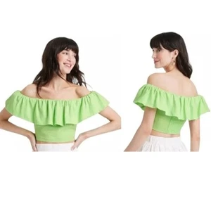 A New Day Women's Slim Fit Ruffle Sleeve Off the Shoulder Linen Blouse Lime XXL - Picture 1 of 6