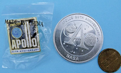 NASA medallion PIN Pair vtg APOLLO 11 *FLOWN Metal* 30th / Saturn 5 tower metal - Image 1 of 2