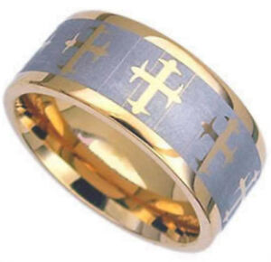 MEN'S TITANIUM Wide Plain ~CROSS~ Gold Plated BAND RING, size 10 - in Gift Box!