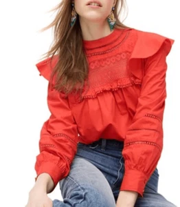 J. Crew Crocheted Lace Ruffle Top In Bright Cerise Red Long Sleeve Blouse Size S - Picture 1 of 12