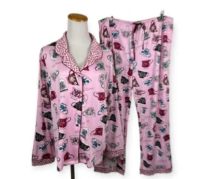 Flora Niikrooz Women’s XL Tea Time Notch Collar Pajama Set Long Sleeve Pink - Picture 1 of 10