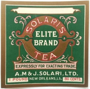 Vintage Label For Solari's Elite Brand Tea A.M. & J. Solari Ltd. New Orleans - Picture 1 of 1