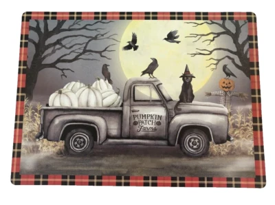 Halloween Haunted Farm Truck Placemats Set of 4 Vinyl Foam Back Black Cat Gray - Image 1 of 4