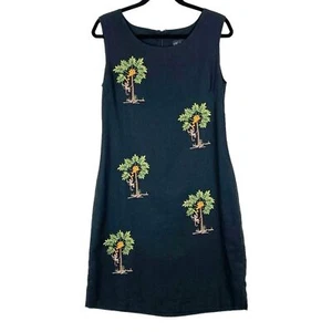 Embroidered Monkey Palm Tree Linen Dress Sz 14 Black Shift A-Line Vintage - Picture 1 of 13