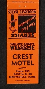 1950s Crest Motel Phone 755 East Route 36 Marysville KS Marshall Co Matchbook - Picture 1 of 2