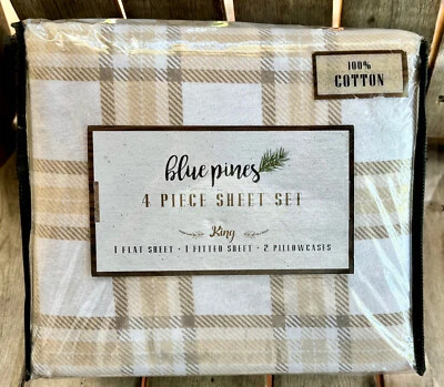 4-pc Blue Pines KING SIZE Cotton Flannel Sheet Set - tan & brown plaid (TOASTY)