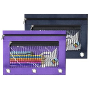 2 Pack 3 Ring Binder Pencil Pouch Zipper Pulls Pencil Case with Mesh Window - Picture 1 of 7