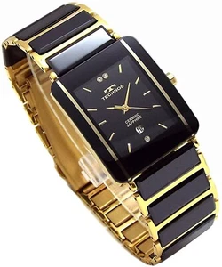 TECHNOS Watch TSM903GB Classic Ceramic Gold Black Sapphire Glass Quartz Movement - Picture 1 of 6